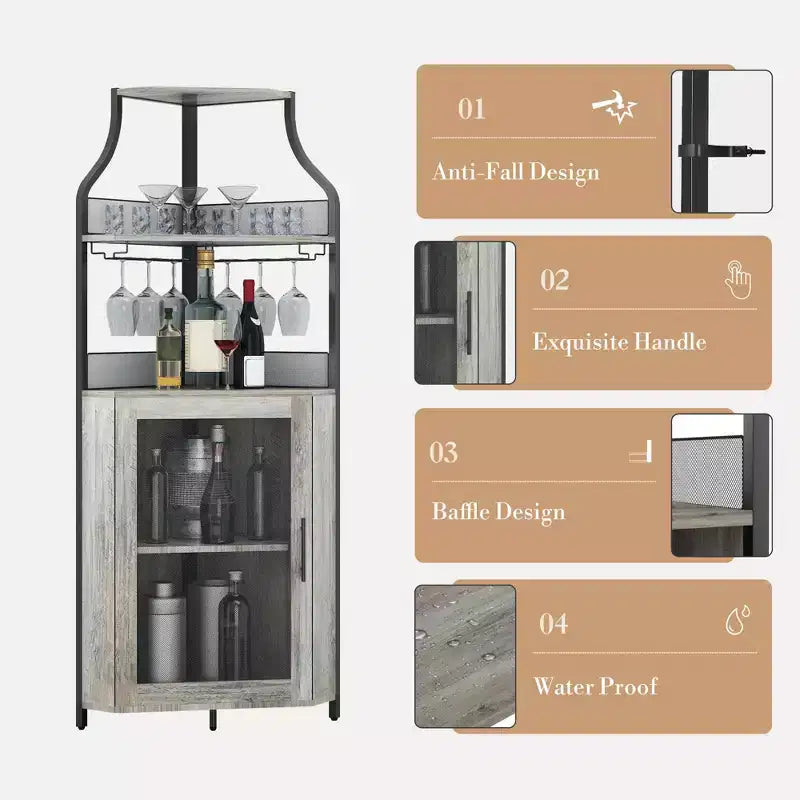 Meuble d'angle de bar avec bande LED, porte-verres, étagère réglable, meuble de bar à liqueurs à 5 niveaux pour la maison, vitrine d'angle pour petit espace