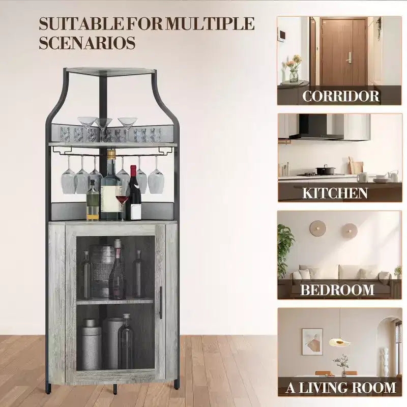 Meuble d'angle de bar avec bande LED, porte-verres, étagère réglable, meuble de bar à liqueurs à 5 niveaux pour la maison, vitrine d'angle pour petit espace
