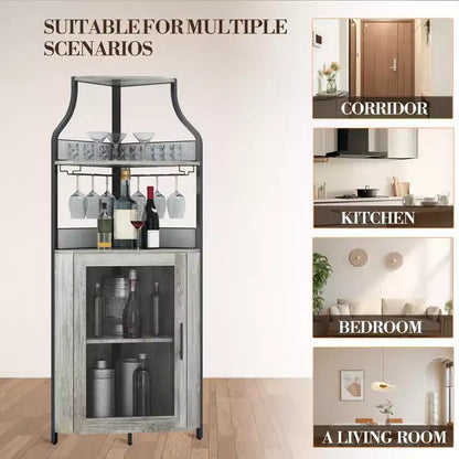 Meuble d'angle de bar avec bande LED, porte-verres, étagère réglable, meuble de bar à liqueurs à 5 niveaux pour la maison, vitrine d'angle pour petit espace