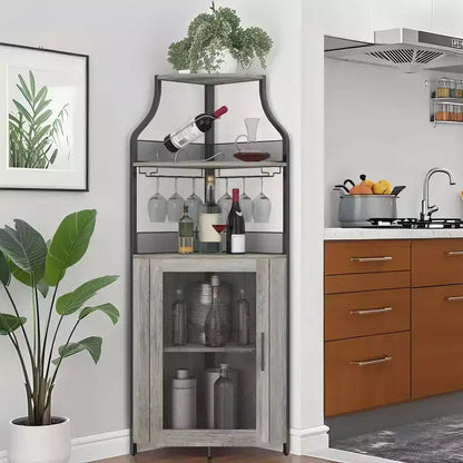 Meuble d'angle de bar avec bande LED, porte-verres, étagère réglable, meuble de bar à liqueurs à 5 niveaux pour la maison, vitrine d'angle pour petit espace