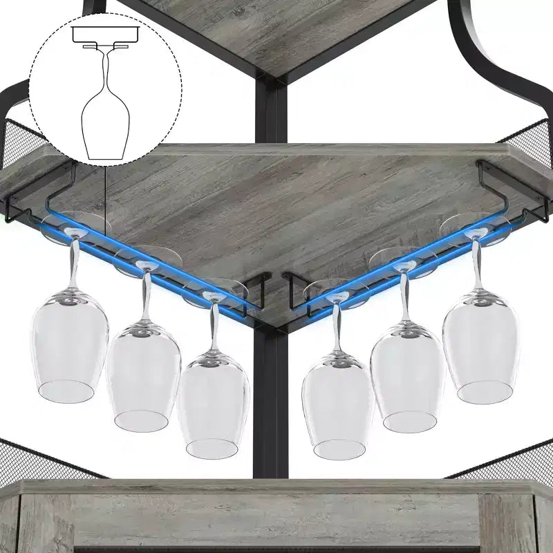 Meuble d'angle de bar avec bande LED, porte-verres, étagère réglable, meuble de bar à liqueurs à 5 niveaux pour la maison, vitrine d'angle pour petit espace