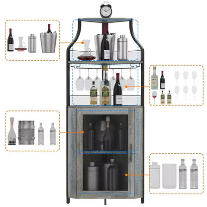 Meuble d'angle de bar avec bande LED, porte-verres, étagère réglable, meuble de bar à liqueurs à 5 niveaux pour la maison, vitrine d'angle pour petit espace