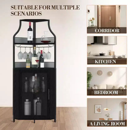 Meuble d'angle de bar avec bande LED, porte-verres, étagère réglable, meuble de bar à liqueurs à 5 niveaux pour la maison, vitrine d'angle pour petit espace
