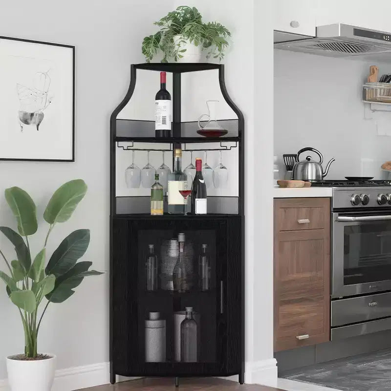 Meuble d'angle de bar avec bande LED, porte-verres, étagère réglable, meuble de bar à liqueurs à 5 niveaux pour la maison, vitrine d'angle pour petit espace