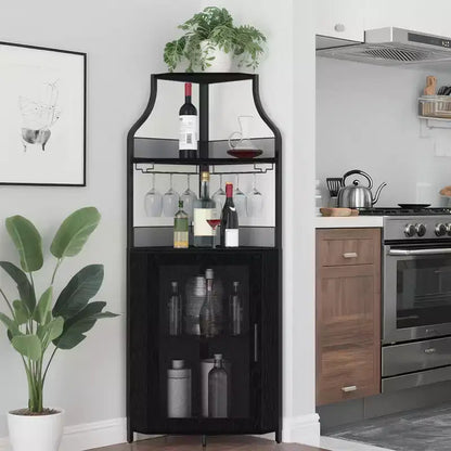 Meuble d'angle de bar avec bande LED, porte-verres, étagère réglable, meuble de bar à liqueurs à 5 niveaux pour la maison, vitrine d'angle pour petit espace