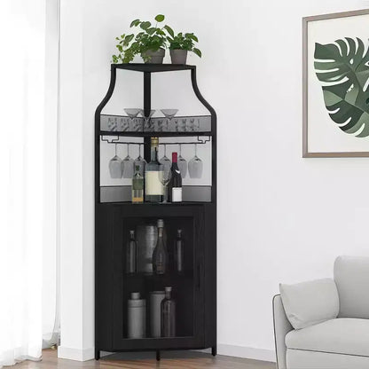 Meuble d'angle de bar avec bande LED, porte-verres, étagère réglable, meuble de bar à liqueurs à 5 niveaux pour la maison, vitrine d'angle pour petit espace