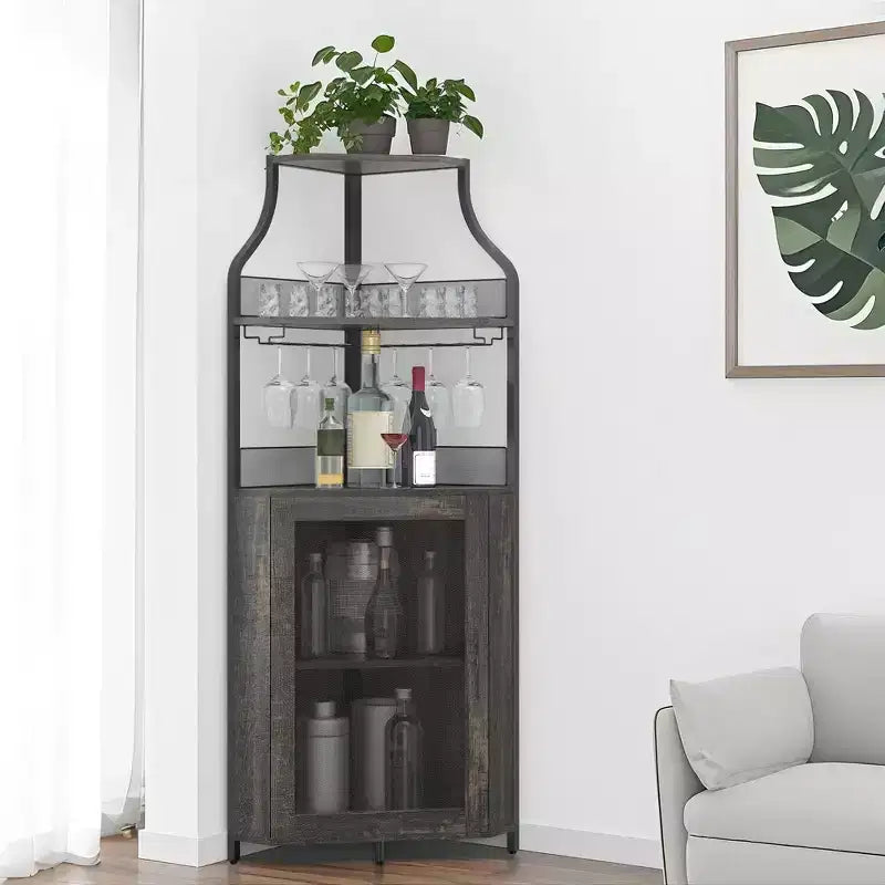 Meuble d'angle de bar avec bande LED, porte-verres, étagère réglable, meuble de bar à liqueurs à 5 niveaux pour la maison, vitrine d'angle pour petit espace