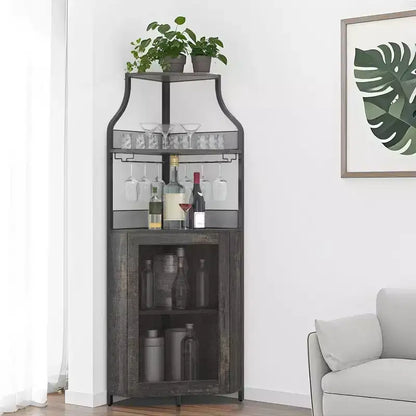 Meuble d'angle de bar avec bande LED, porte-verres, étagère réglable, meuble de bar à liqueurs à 5 niveaux pour la maison, vitrine d'angle pour petit espace