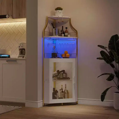 Meuble d'angle de bar avec bande LED, porte-verres, étagère réglable, meuble de bar à liqueurs à 5 niveaux pour la maison, vitrine d'angle pour petit espace