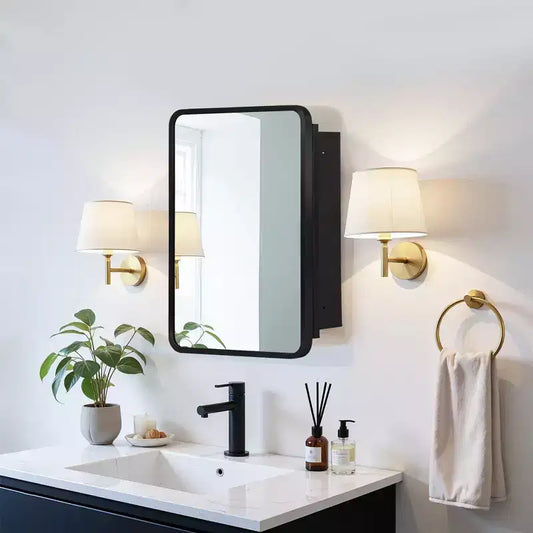 MAYEERTY 24 x 16in Modern Rectangular Bathroom Medicine Cabinets, Metal Framed Wall Mirror with Storage, Black