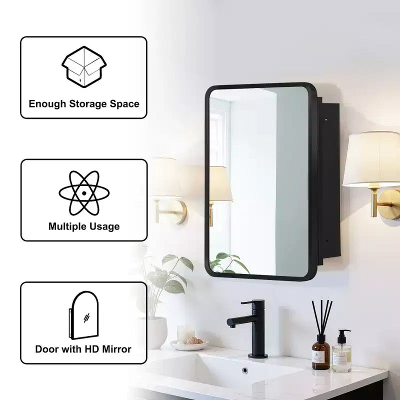 MAYEERTY Armoire de toilette rectangulaire moderne 61 x 41 cm, miroir mural encadré de métal avec rangement, noir