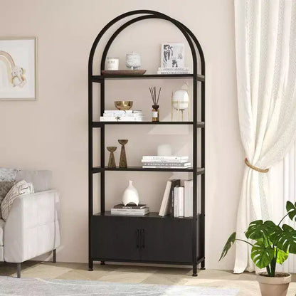 Étagère Arche, Bibliothèque voûtée à 4 niveaux avec portes de rangement, Étagère industrielle de 181,6 cm de hauteur