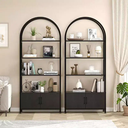 Étagère Arche, Bibliothèque voûtée à 4 niveaux avec portes de rangement, Étagère industrielle de 181,6 cm de hauteur