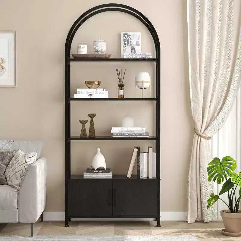 Arched Bookshelf, 4-Tier Arched Bookcase with Doors Storage, 71.5 Tall Industrial Book Shelf