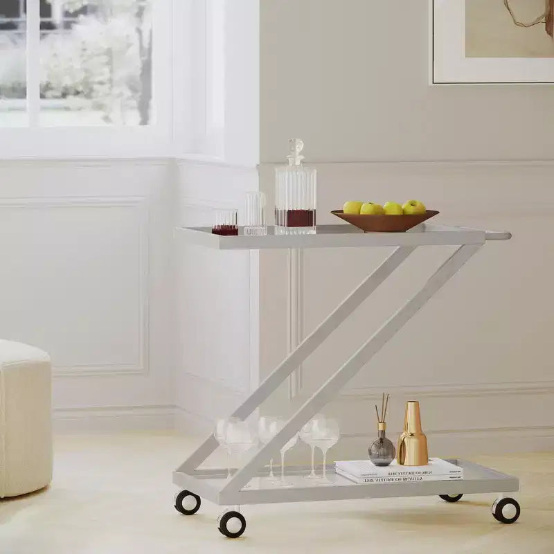 NAYSAYE Bar Serving Cart Modern Glass Shelves with Durable Iron Frame and Rolling Casters for Living Room , Silver, 36.5*18.75*34