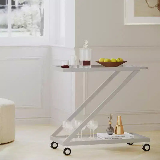 NAYSAYE Bar Serving Cart Modern Glass Shelves with Durable Iron Frame and Rolling Casters for Living Room , Silver, 36.5*18.75*34