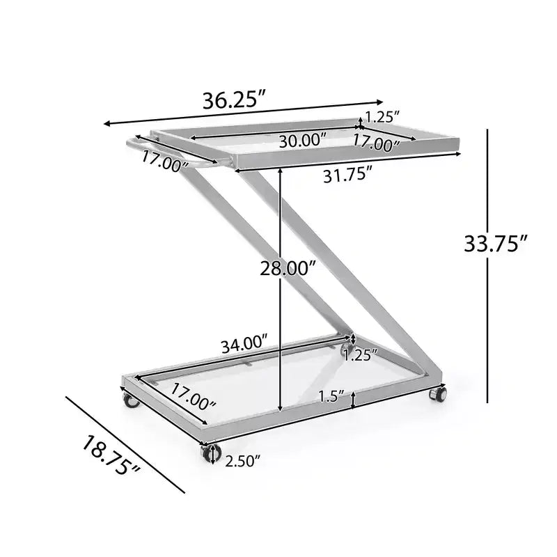 NAYSAYE Chariot de Bar Étagères en Verre Modernes avec Cadre en Fer Durable et Roulettes pour Salon, Argent, 36,5*18,75*34