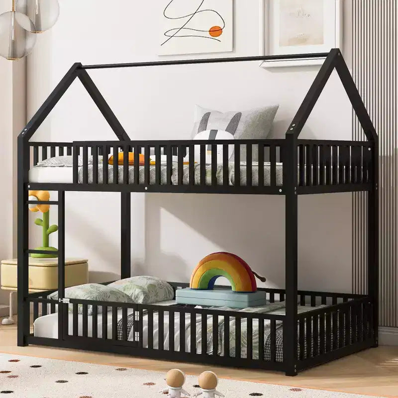 Bellemave Twin Over Twin Metal House Bunk Bed with Guardrails for Kids, Black