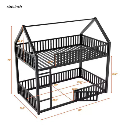 Bellemave Lit Superposé Métal Maison Jumeaux-sur-Jumeaux avec Barrières de Sécurité pour Enfants, Noir