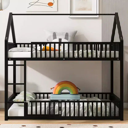 Bellemave Lit Superposé Métal Maison Jumeaux-sur-Jumeaux avec Barrières de Sécurité pour Enfants, Noir