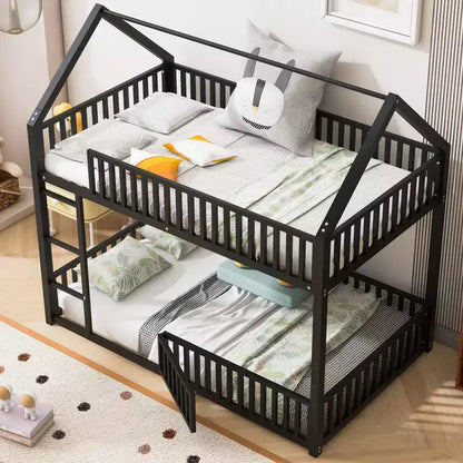 Bellemave Lit Superposé Métal Maison Jumeaux-sur-Jumeaux avec Barrières de Sécurité pour Enfants, Noir