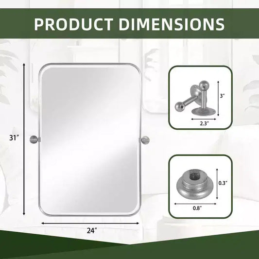 PexFix 31 x 24 Miroir mural pivotant rectangulaire en fer argenté, miroir de courtoisie inclinable pour salle de bain, miroir bidirectionnel réglable à cadre métallique pour chambre à coucher et salon