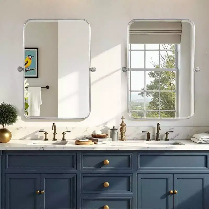 PexFix 31 x 24 Miroir mural pivotant rectangulaire en fer argenté, miroir de courtoisie inclinable pour salle de bain, miroir bidirectionnel réglable à cadre métallique pour chambre à coucher et salon