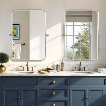 PexFix 31 x 24 Miroir mural pivotant rectangulaire en fer argenté, miroir de courtoisie inclinable pour salle de bain, miroir bidirectionnel réglable à cadre métallique pour chambre à coucher et salon