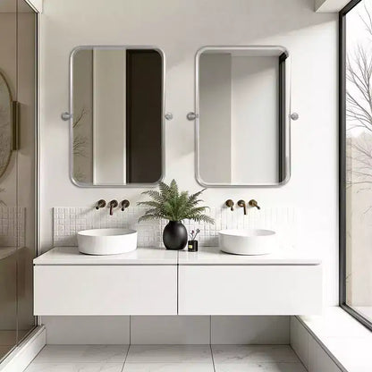 PexFix 31 x 24 Miroir mural pivotant rectangulaire en fer argenté, miroir de courtoisie inclinable pour salle de bain, miroir bidirectionnel réglable à cadre métallique pour chambre à coucher et salon