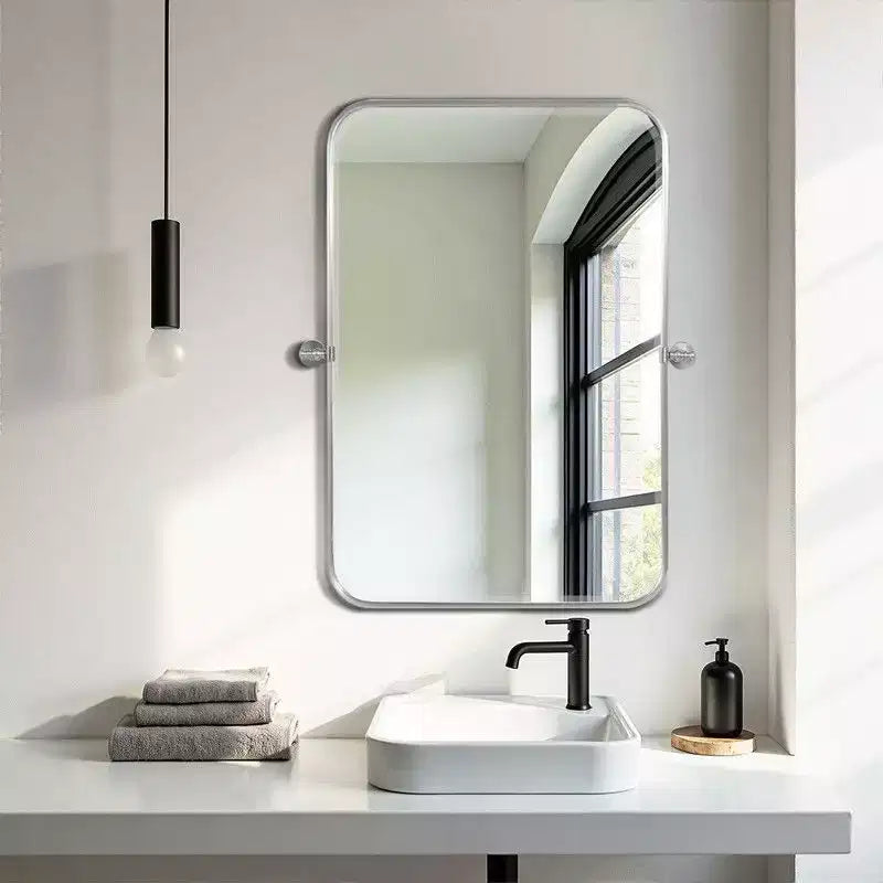PexFix 31 x 24 Miroir mural pivotant rectangulaire en fer argenté, miroir de courtoisie inclinable pour salle de bain, miroir bidirectionnel réglable à cadre métallique pour chambre à coucher et salon