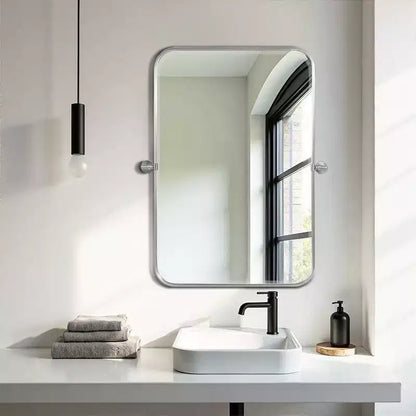 PexFix 31 x 24 Miroir mural pivotant rectangulaire en fer argenté, miroir de courtoisie inclinable pour salle de bain, miroir bidirectionnel réglable à cadre métallique pour chambre à coucher et salon