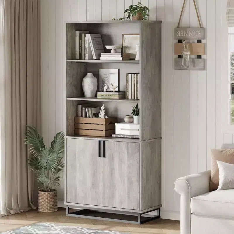 Bibliothèque de 180 cm avec portes, Étagère de ferme à 5 niveaux avec armoire de rangement et étagères réglables
