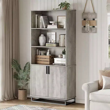 Bibliothèque de 180 cm avec portes, Étagère de ferme à 5 niveaux avec armoire de rangement et étagères réglables