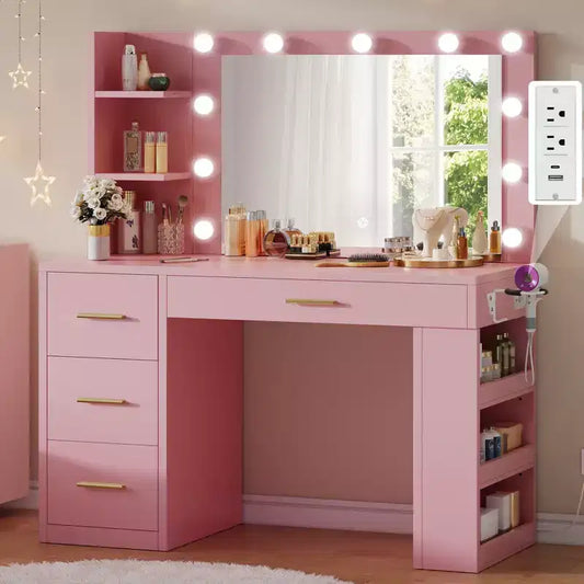 Pink Vanity Desk With Large Lighted Mirror 11 Lights Makeup Vanity Table With 4 Drawers & 3 Storage Shelves