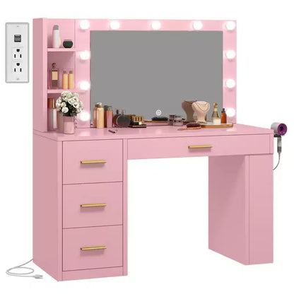 Coiffeuse rose avec grand miroir éclairé 11 lumières Table de maquillage avec 4 tiroirs et 3 étagères de rangement