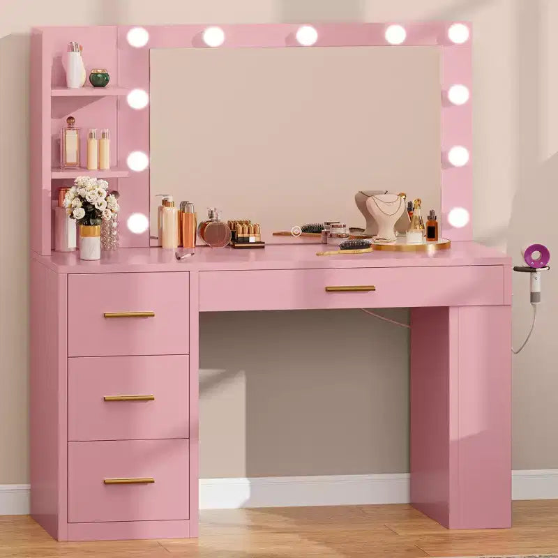 Coiffeuse rose avec grand miroir éclairé 11 lumières Table de maquillage avec 4 tiroirs et 3 étagères de rangement
