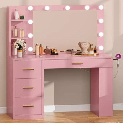 Coiffeuse rose avec grand miroir éclairé 11 lumières Table de maquillage avec 4 tiroirs et 3 étagères de rangement