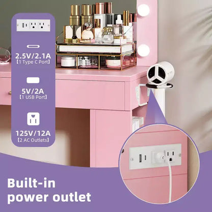 Coiffeuse rose avec grand miroir éclairé 11 lumières Table de maquillage avec 4 tiroirs et 3 étagères de rangement