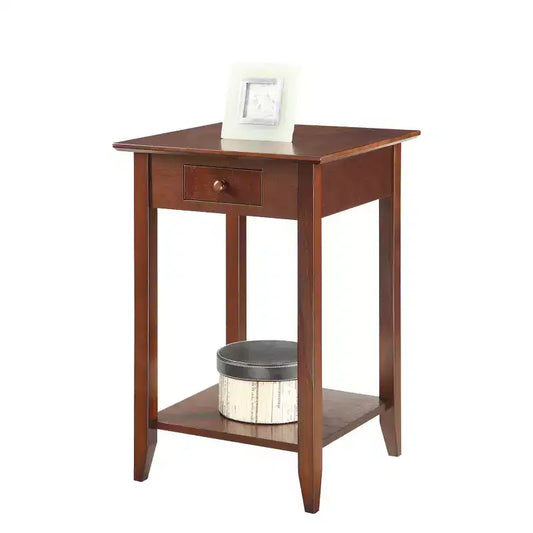 Table d'appoint classique HomeStock Belmont à 1 tiroir avec étagère spacieuse, pieds en pin massif et dessus en placage de frêne pour salon ou chambre à coucher