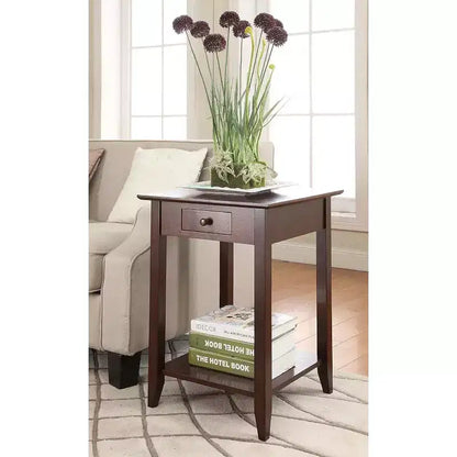 Table d'appoint classique HomeStock Belmont à 1 tiroir avec étagère spacieuse, pieds en pin massif et dessus en placage de frêne pour salon ou chambre à coucher