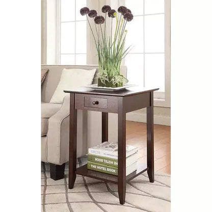 Table d'appoint classique HomeStock Belmont à 1 tiroir avec étagère spacieuse, pieds en pin massif et dessus en placage de frêne pour salon ou chambre à coucher