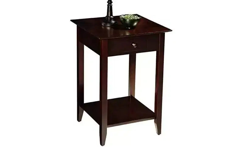 Table d'appoint classique HomeStock Belmont à 1 tiroir avec étagère spacieuse, pieds en pin massif et dessus en placage de frêne pour salon ou chambre à coucher