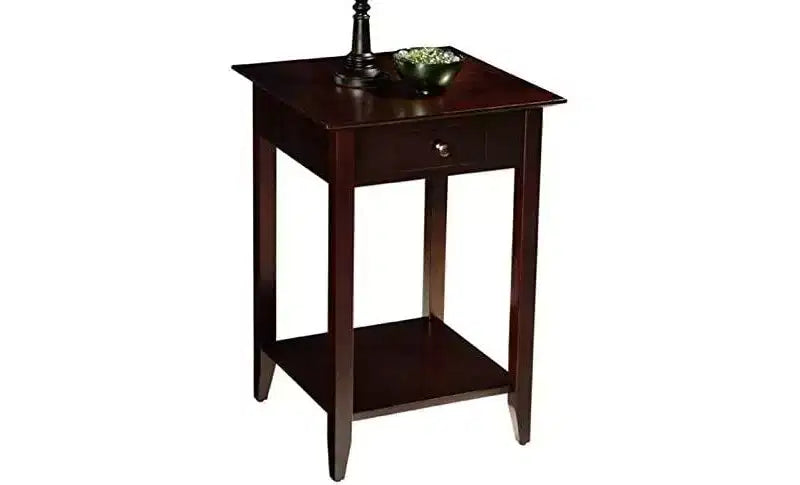 Table d'appoint classique HomeStock Belmont à 1 tiroir avec étagère spacieuse, pieds en pin massif et dessus en placage de frêne pour salon ou chambre à coucher