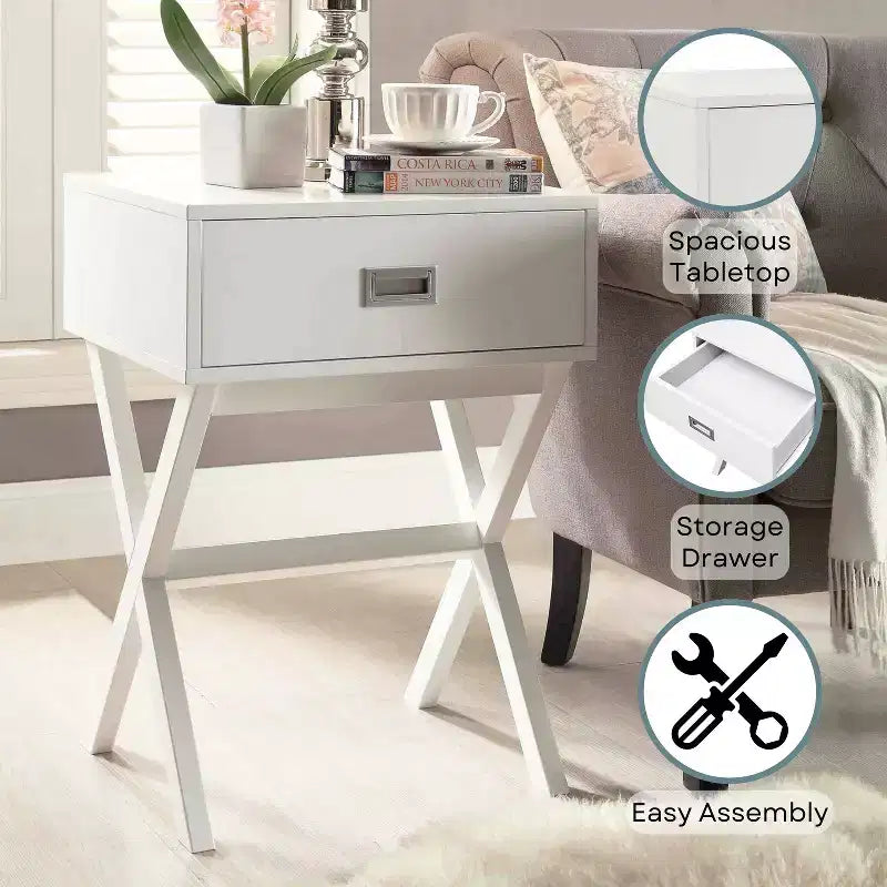 HomeStock Belmont – Table d'appoint avec grand tiroir de rangement et surface supérieure lisse, table d'appoint de rangement moderne pour les essentiels dissimulés du salon