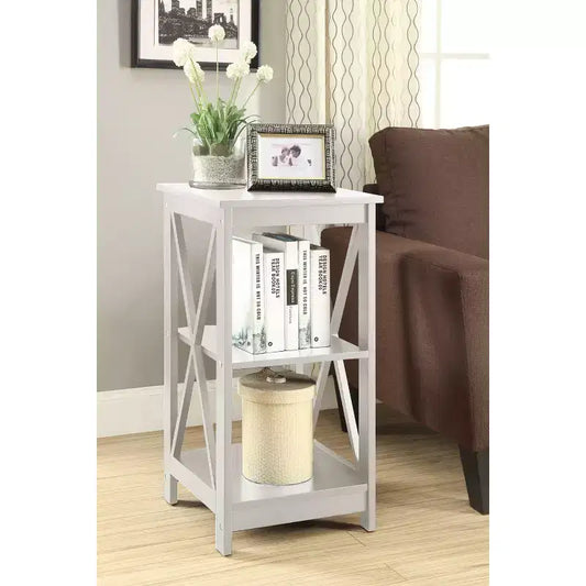 HomeStock Belmont End Table with Three Open Shelves and X Frame Sides, Transitional Storage Accent Side Table for Display and Home Essentials