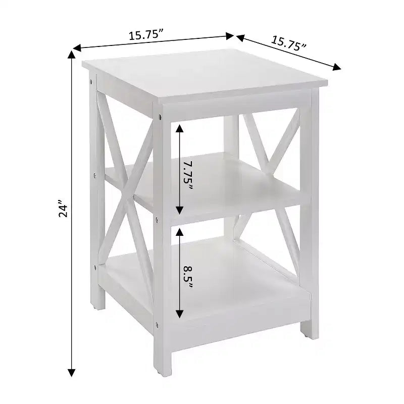 Table d'appoint HomeStock Belmont avec trois étagères ouvertes et côtés en X, table d'appoint de rangement transitoire pour la présentation et les essentiels de la maison