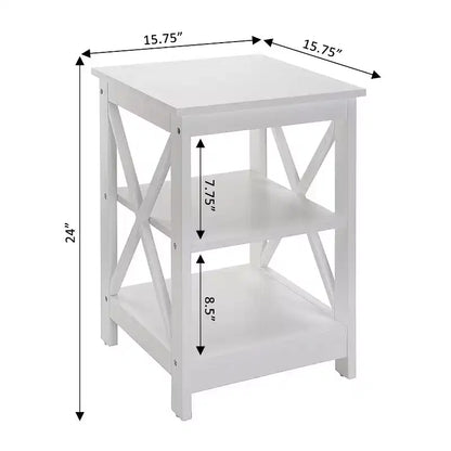 Table d'appoint HomeStock Belmont avec trois étagères ouvertes et côtés en X, table d'appoint de rangement transitoire pour la présentation et les essentiels de la maison