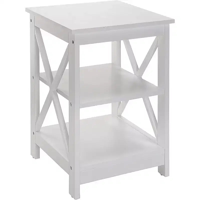 Table d'appoint HomeStock Belmont avec trois étagères ouvertes et côtés en X, table d'appoint de rangement transitoire pour la présentation et les essentiels de la maison