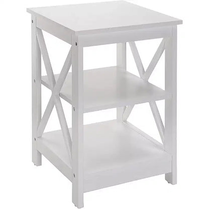 Table d'appoint HomeStock Belmont avec trois étagères ouvertes et côtés en X, table d'appoint de rangement transitoire pour la présentation et les essentiels de la maison
