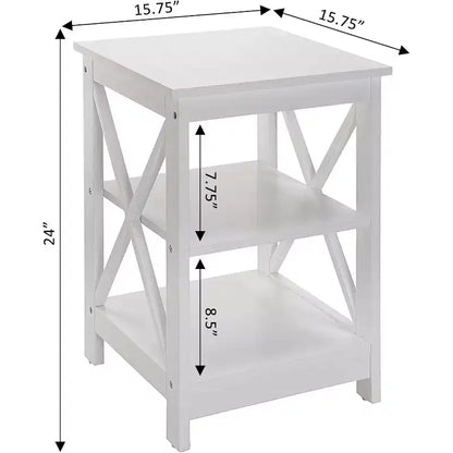 Table d'appoint HomeStock Belmont avec trois étagères ouvertes et côtés en X, table d'appoint de rangement transitoire pour la présentation et les essentiels de la maison